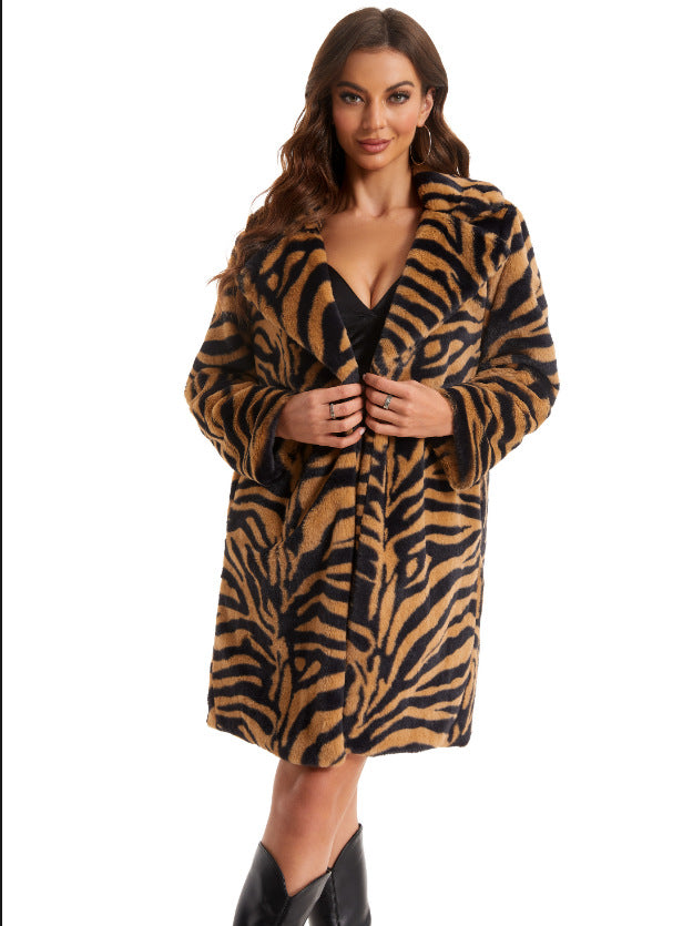 Street-wave Faux Fur Coat for Women With Zebra Design, Fluffy Cozy Warmth, Statement Outerwear