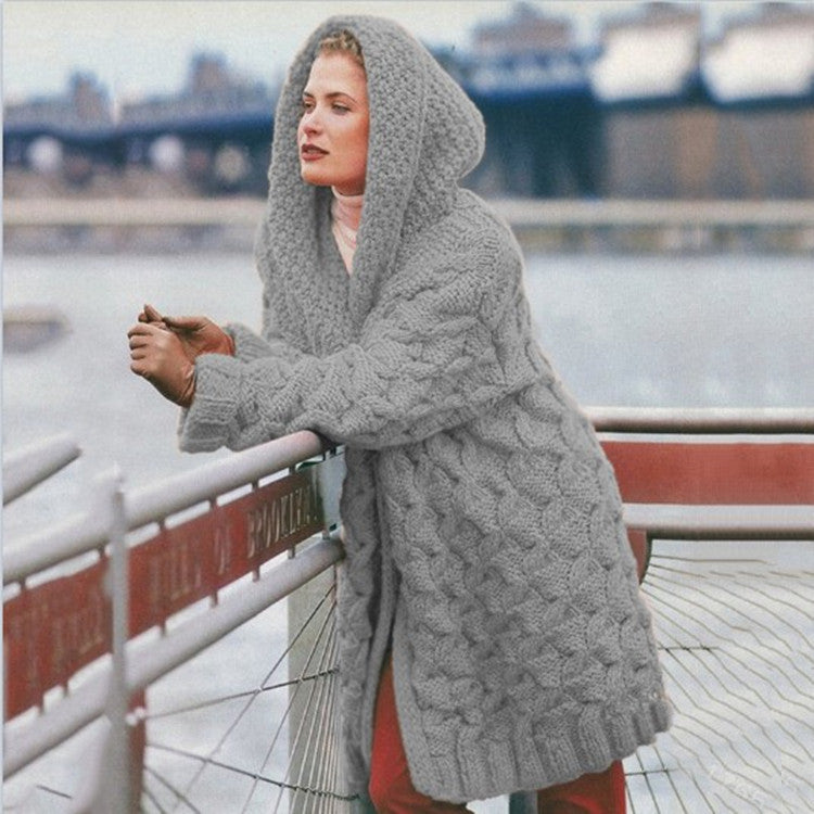 Street-wave Women's Oversized Chunky Knit Hooded Coat Cozy Warmth Soft Wool Casual Chic Outerwear