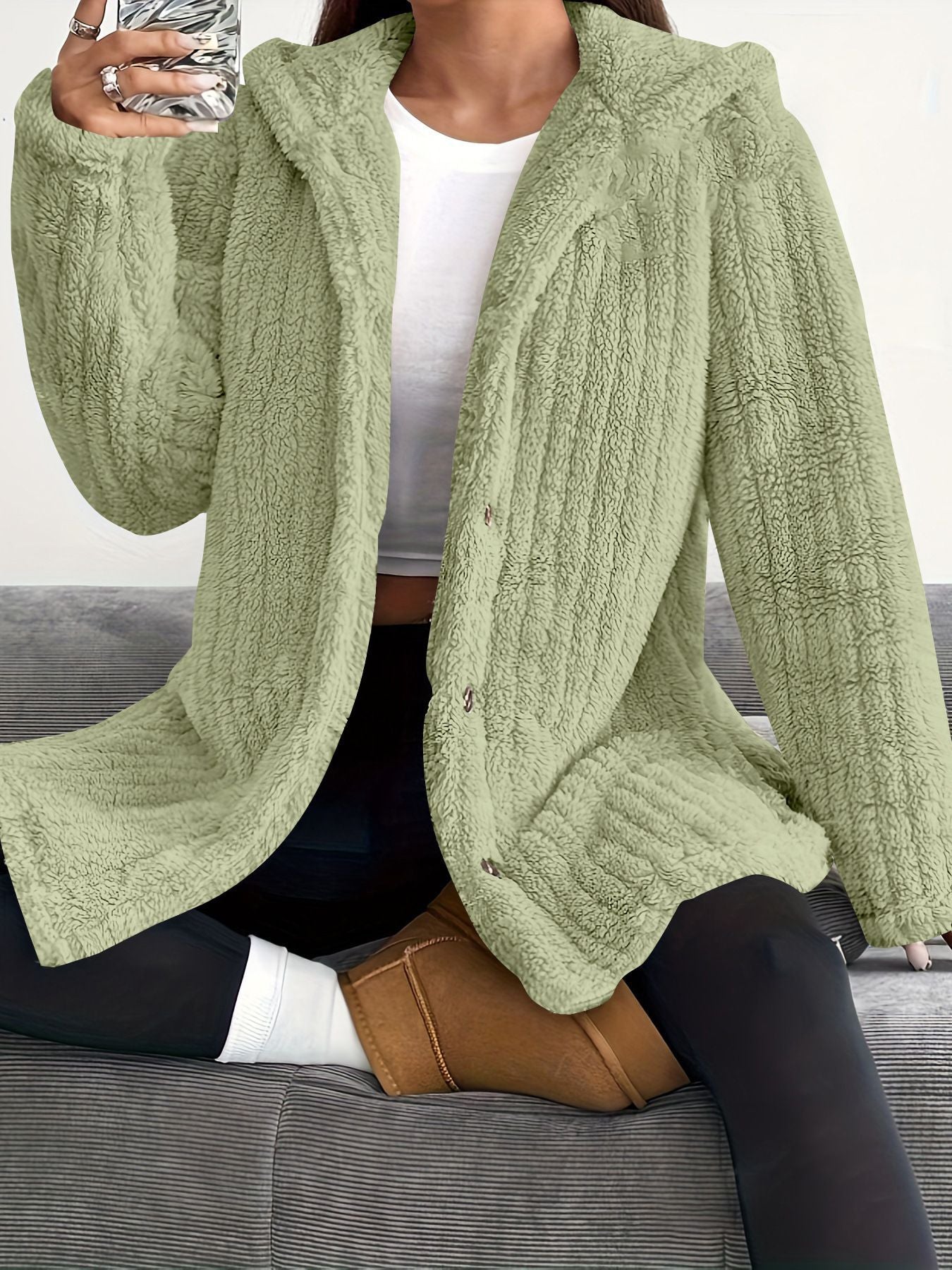 Women's Hooded Cardigan with Front Pockets and Long Sleeves