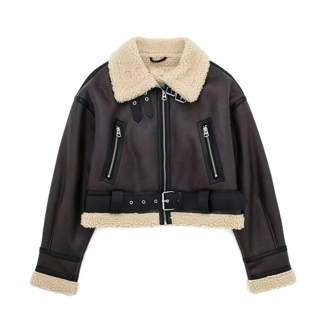 Street-Wave Women's Leather Jacket With Shearling Collar And Zip Pockets Everyday Wear