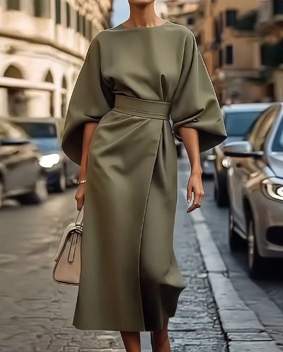 Street Wave Womens Maxi Dress With Voluminous Sleeves Belted Silhouette Luxurious Fabric For Elegant Events