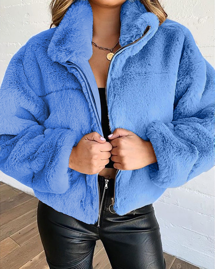 Street-wave Women's Fluffy Trend Jacket With High Collar For Cozy Warmth And Modern Chic