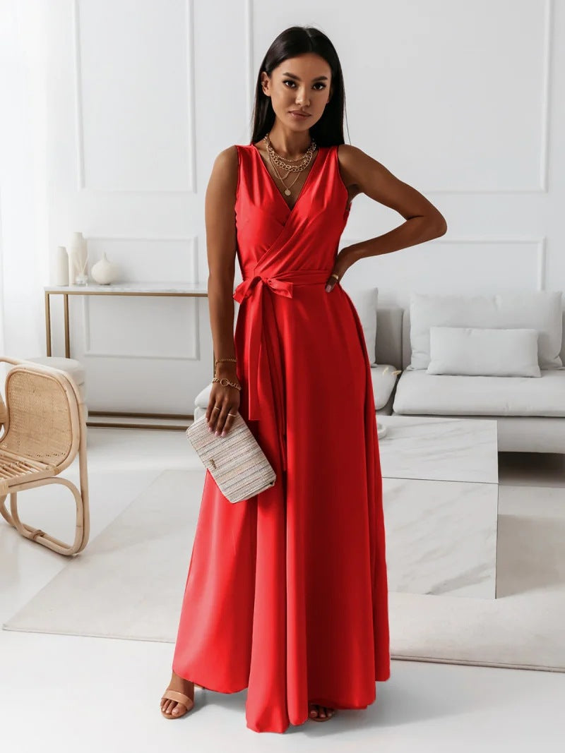 Street-Wave Elegant Wrap Dress For Women With Waist Tie Floor-Length Evening Gown For Weddings