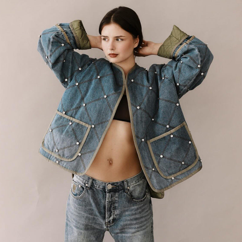 Street-Wave Womens Denim Jacket Diamond Quilting Trendy Durable Outerwear With Diamond Stitching And Comfortable Fit