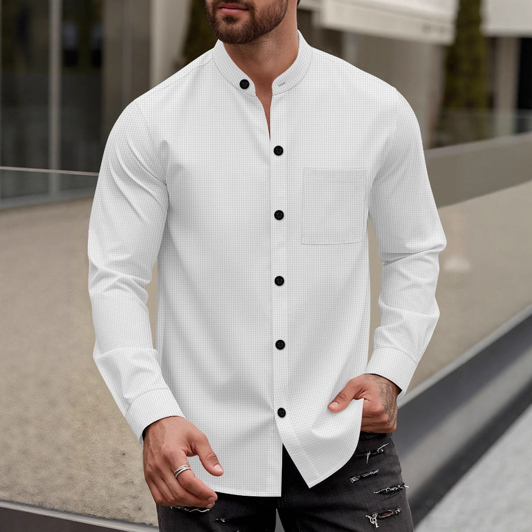 Street-Wave Men's Long Sleeve Shirt With Stand Collar And Chest Pocket For Modern Men