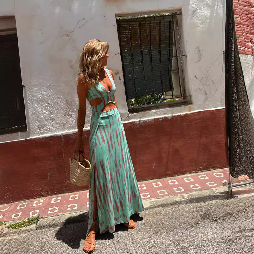 Street-Wave Maxi Dress For Women Slim Fit V-Neck Cutouts