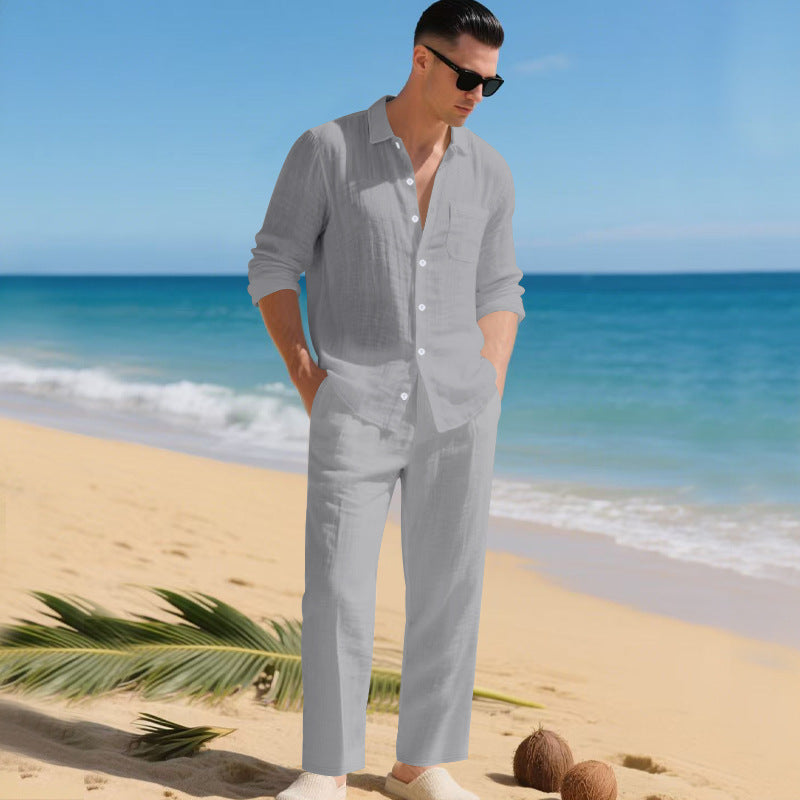 Street-wave Men's Lightweight Linen Outfit With Breathable Shirt And Elegant Trousers Summer Ready