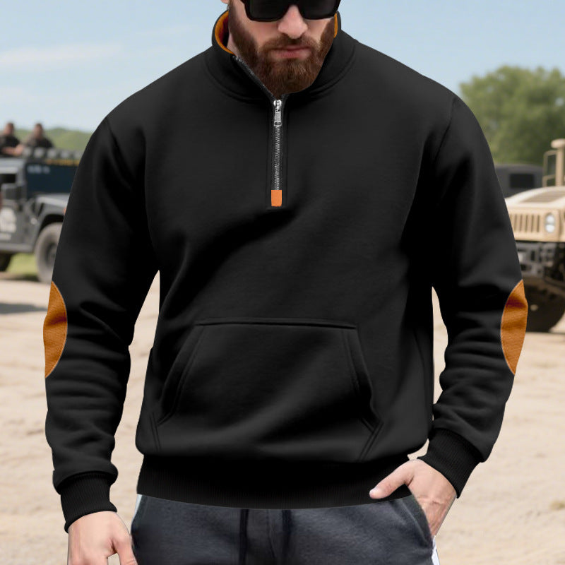 Street Wave Men's Hoodie With Stand Up Collar And Contrast Elbow Patch Details For Modern Comfort
