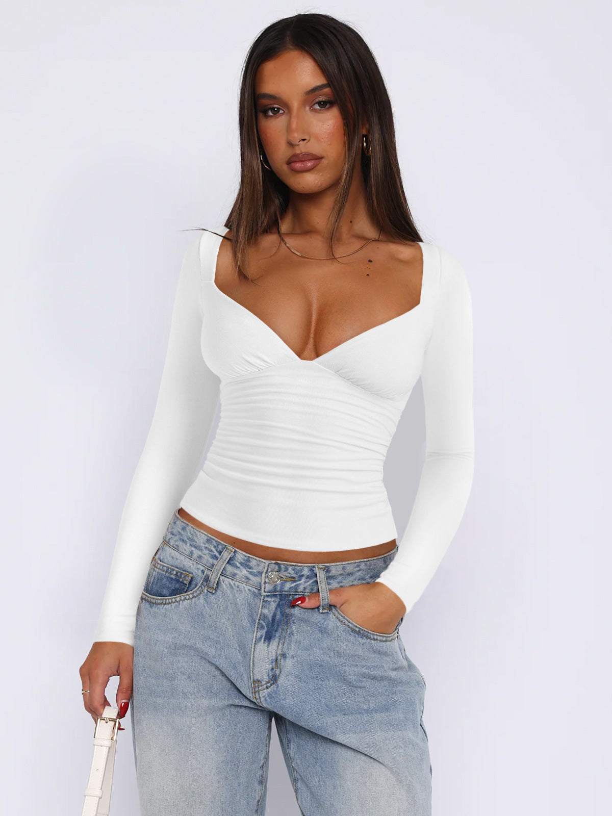 Street-Wave Women's Fitted Long Sleeve V Neck Top With Ruched Detailing For A Flattering Silhouette
