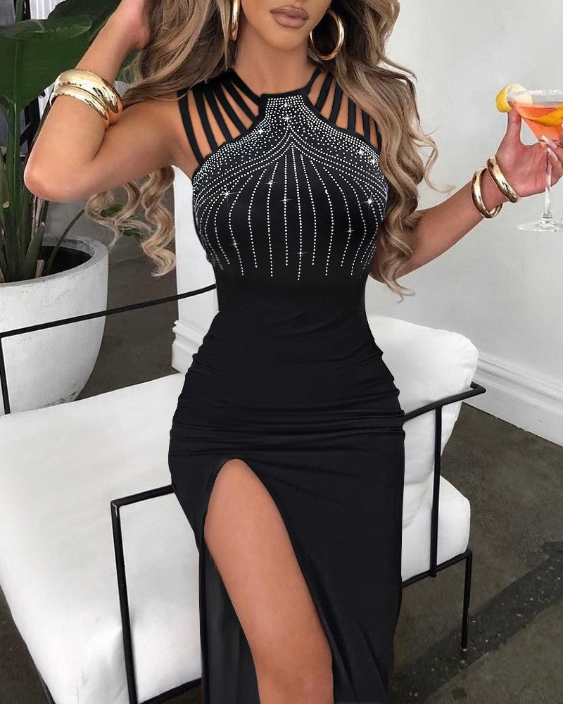 Street Wave Sequin Embellished Evening Dress With Rhinestone Detailing For Women High Slit