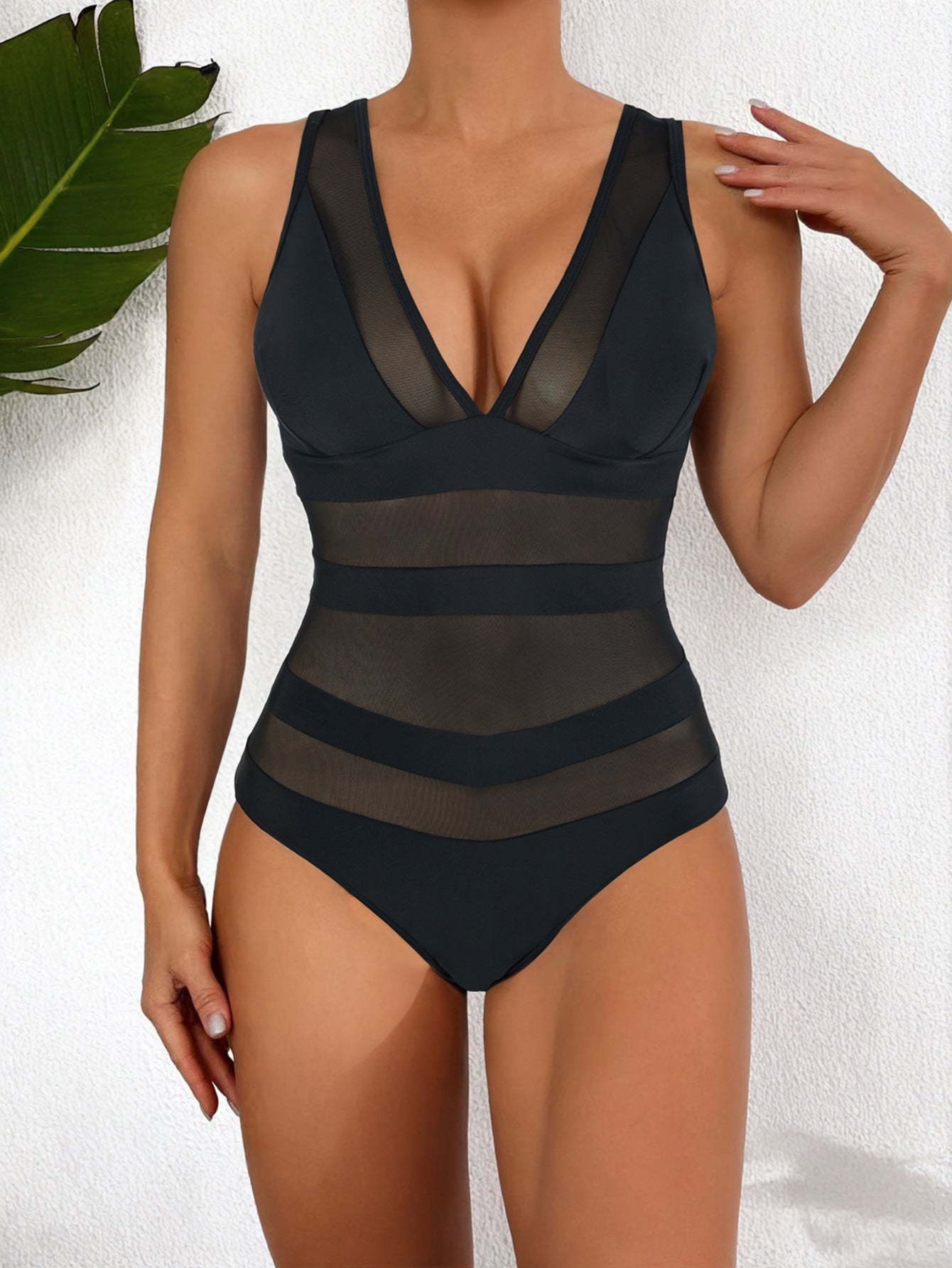 Nordisk-Flair Women One Piece Swimsuit Deep V Neck Mesh Panel High Cut