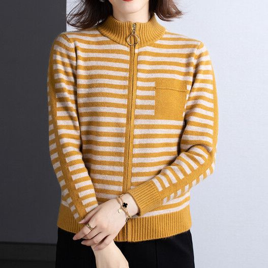 Street-wave Womens Knit Cardigan With Stand Collar And Zip Striped Cozy Layer For Women