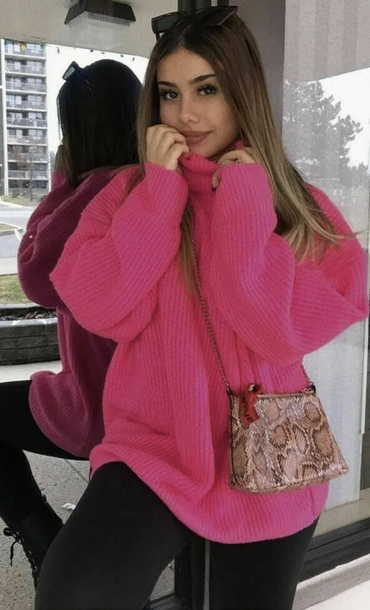 Street Wave Women Oversized Knit Sweater High Collar Cozy