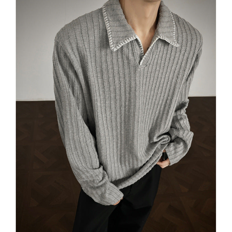 Street-Wave Men's Pullover Ribbed Knit With Contrast Collar For Everyday Comfort Upgrade