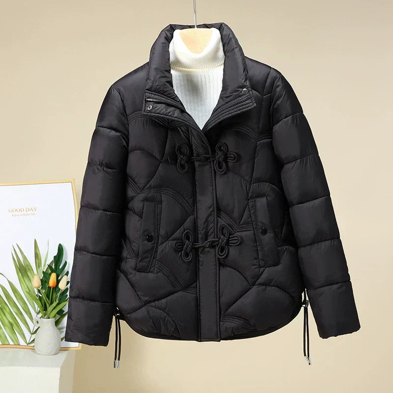Street-wave Puffer Jacket Short Model Geometric Quilting With Frog Closures Adjustable Hem For Women