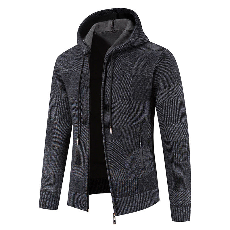 Street-Wave Men's Hooded Knit Cardigan With Modern Textured Panels And Soft Comfort