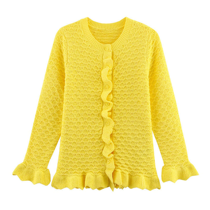 Womens Knit Cardigan With Ruffle Details And Button Front Street Wave Chic Cozy For Women Everyday Wear
