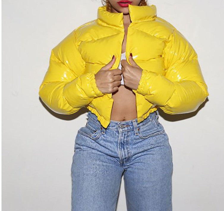 Women Shiny Short Down Jacket Street Wave Water Repellent Urban Puffer For Chic Everyday