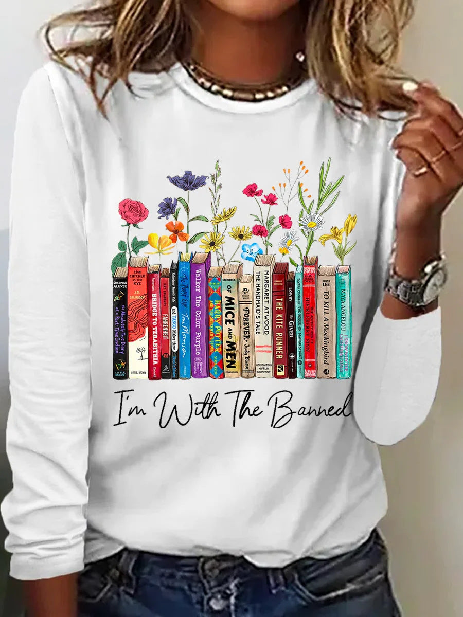 Streetwave Womens Long Sleeve Shirt With Books And Flowers Print For Book Lovers Soft Comfort