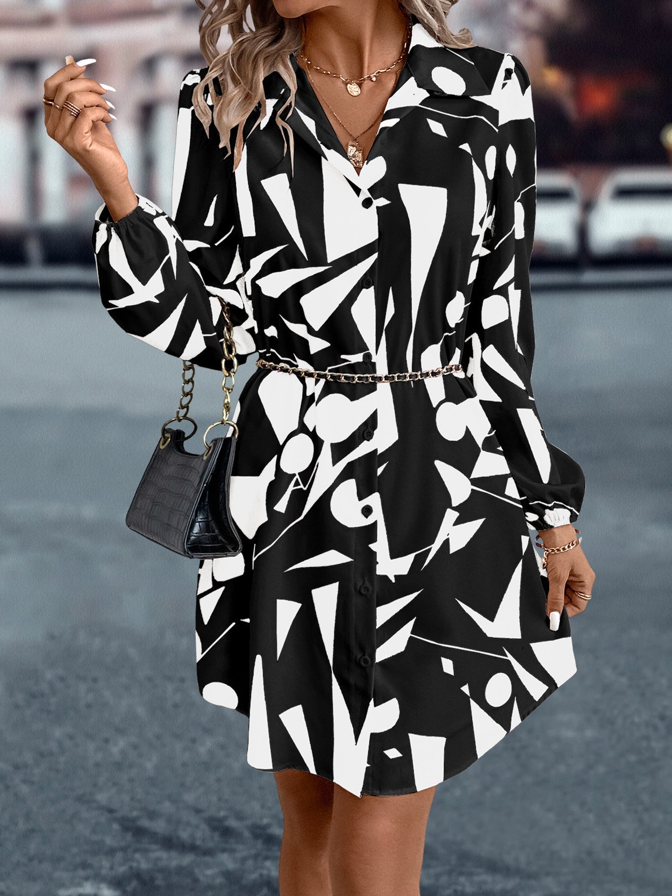 Street-Wave Women's Belted Shirt Dress With Modern Graphic Print For Everyday Chic Wear