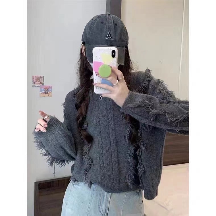 Street-Wave Women Chunky Knit Sweater With Fringe Details Relaxed Fit Cozy Warmth