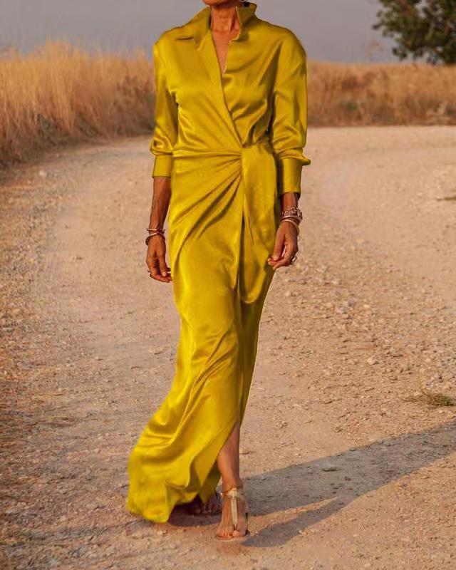 StreetWave Luxurious Satin Wrap Maxi Dress With Versatile Collar And Side Slit For Women