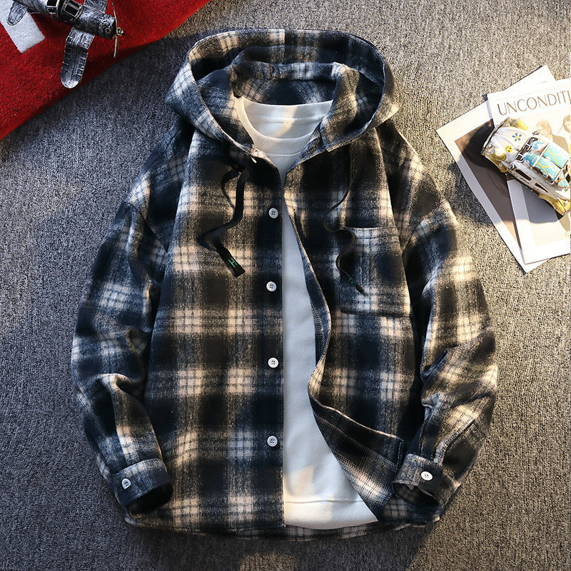 Street-Wave Mens Plaid Flannel Hooded Jacket With Button Closure For Casual Winter Wear