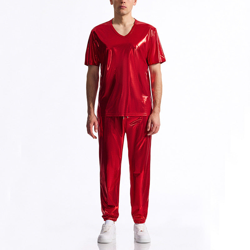 Street-wave Mens Breathable Shiny Material V-Neck Tracksuit Set For Fitness Enthusiasts And Gym Lovers