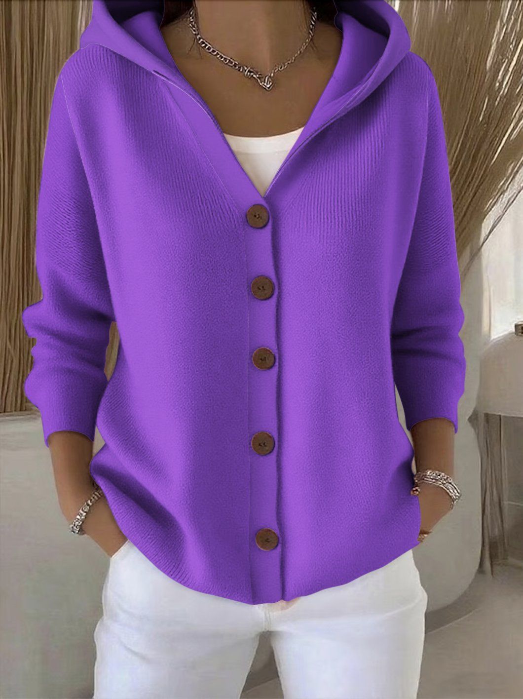 Street-Wave Women's Hooded Knit Cardigan with Button Details and Relaxed Fit for Everyday Comfort
