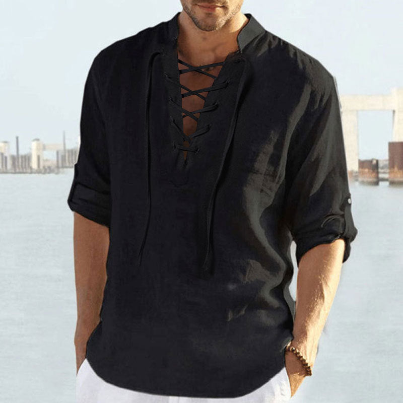 Street-Wave Men's Breathable Linen Shirt With Decorative Lace-Up Closure For Summer Versatile Style