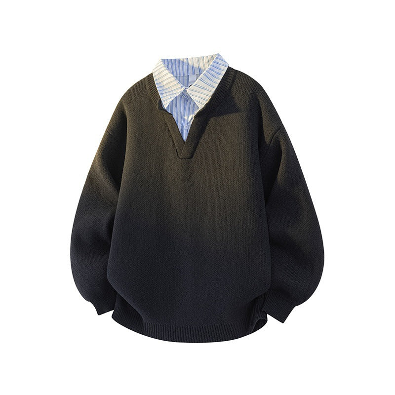 Streetwave Women's Pullover With Integrated Shirt Collar Chic Cozy V Neck Knitwear