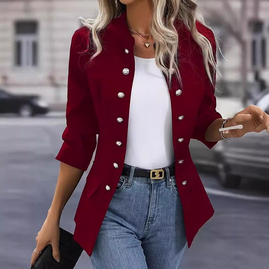 Street-Wave Women Navy Blazer With Elegant Silhouette And Metallic Snap Buttons For Office Or Events