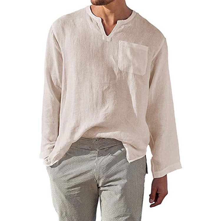 Street-Wave Men's Linen Henley Shirt Long Sleeve With Chest Pocket Breathable Comfort