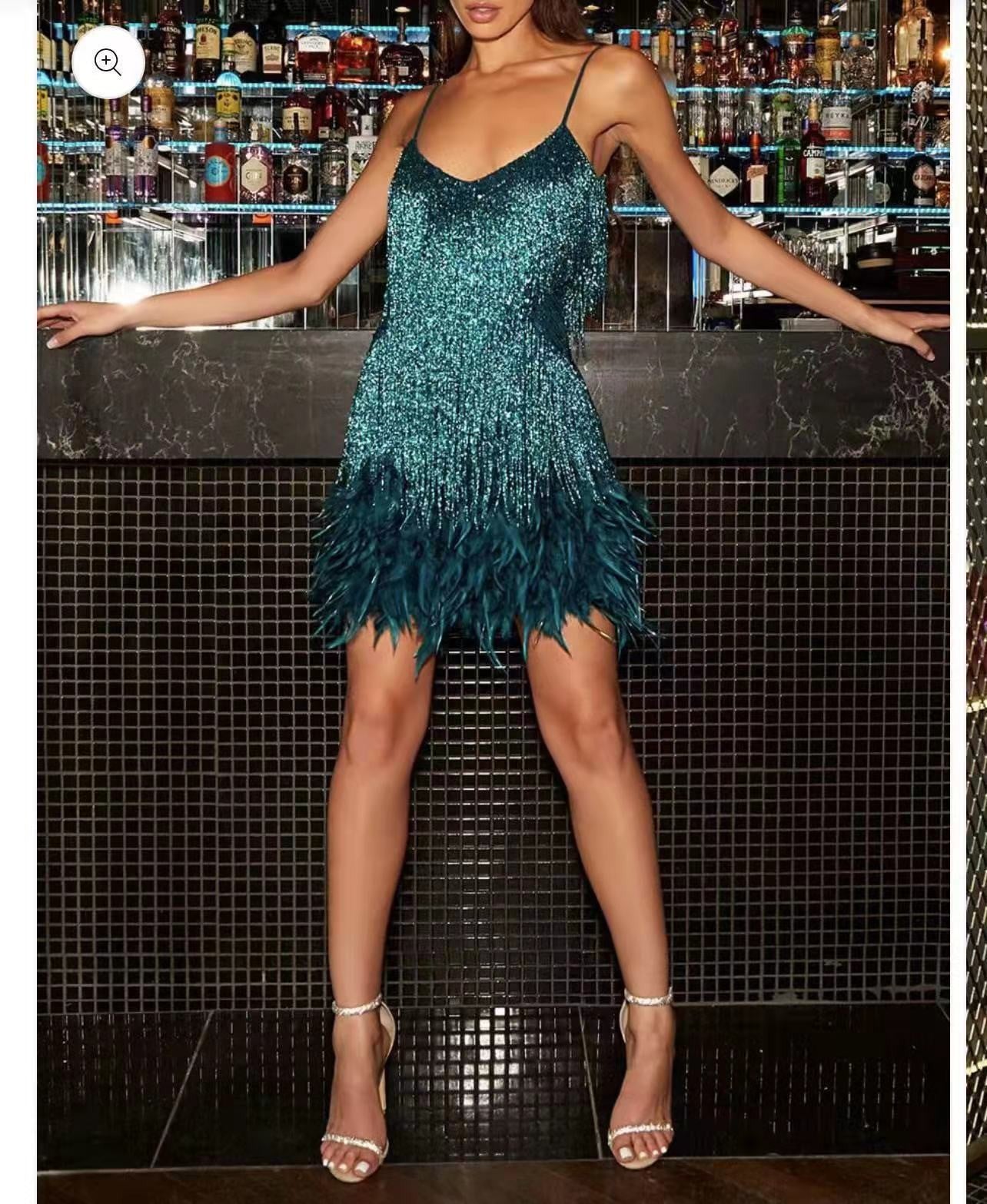 Street Wave Glittering Feathered Evening Dress For Women With Shimmering Accents