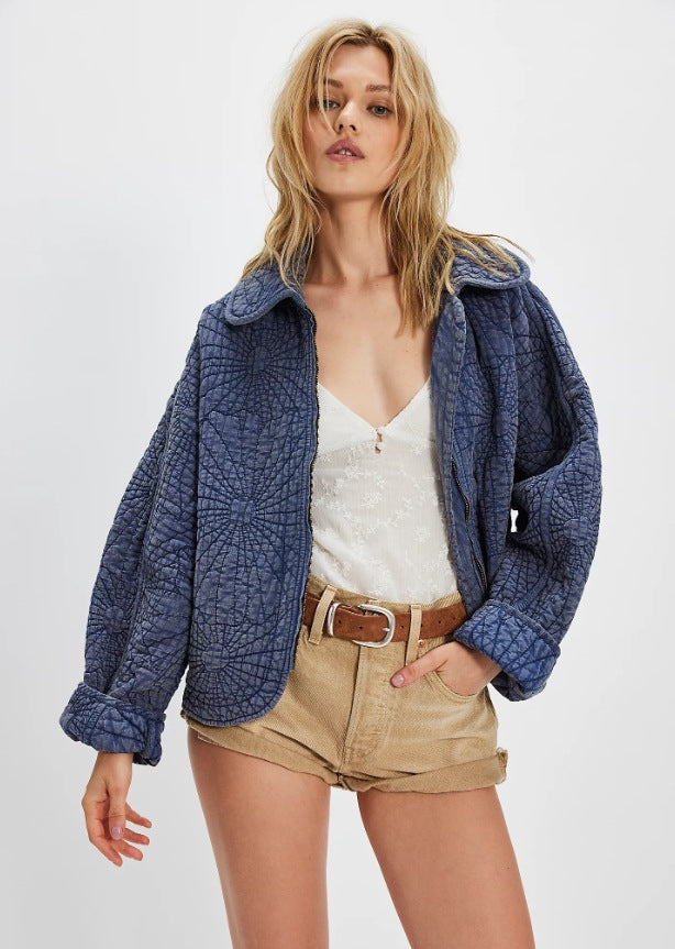 Street-wave Women's Cozy Quilted Jacket With Oversized Collar For Autumn Warmth