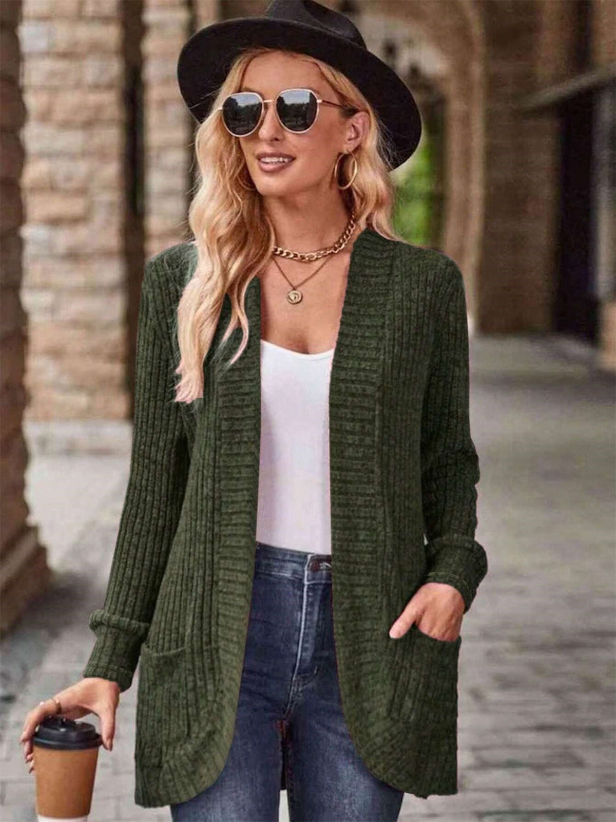 Street-Wave Women Open Front Knit Cardigan With Structured Texture And Pockets All Day Comfort