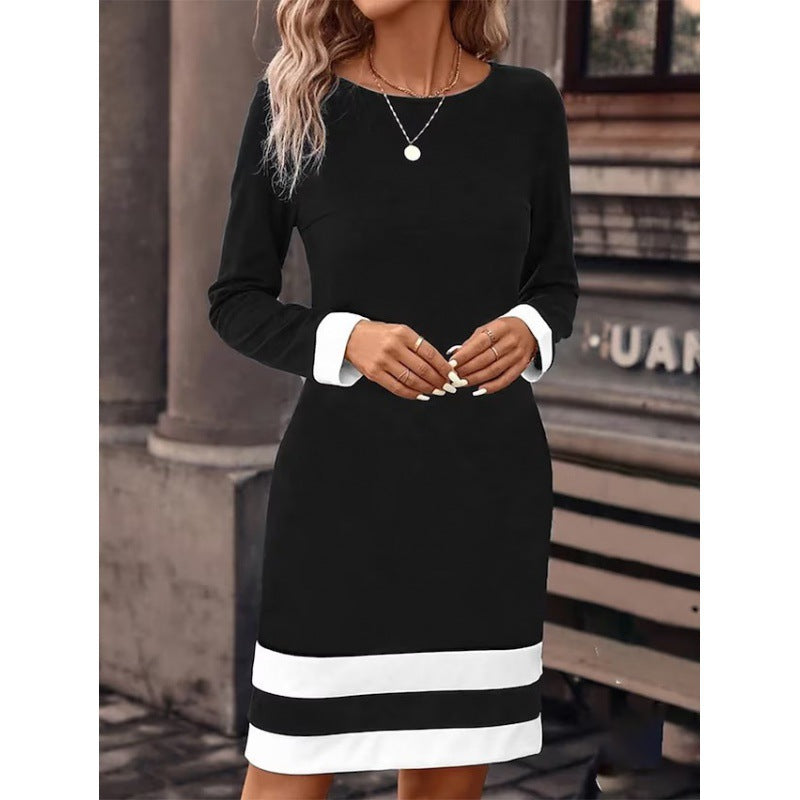 Street-Wave Elegant Navy Dress With Contrast Cuffs And Hem For Modern Professional Women