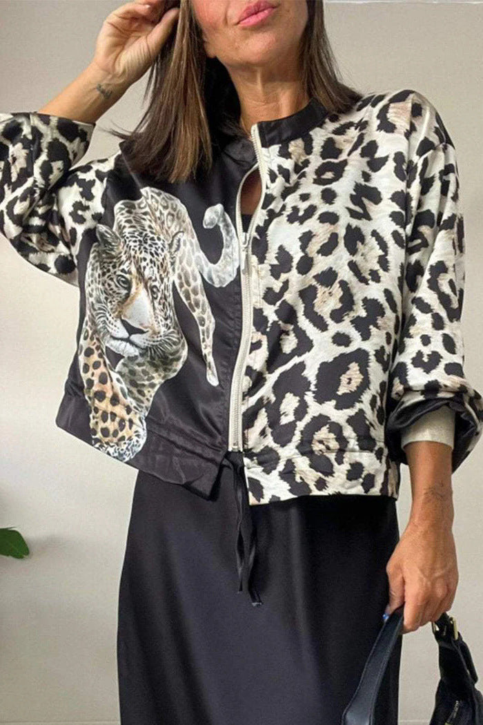 Leopard Print Bomber Jacket For Women Street-wave Relaxed Fit Bold Statement Outerwear