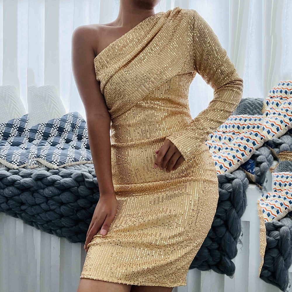 Street-Wave Glittering Midi Dress With Asymmetric Cut And Ruched Detailing For Glamorous Women