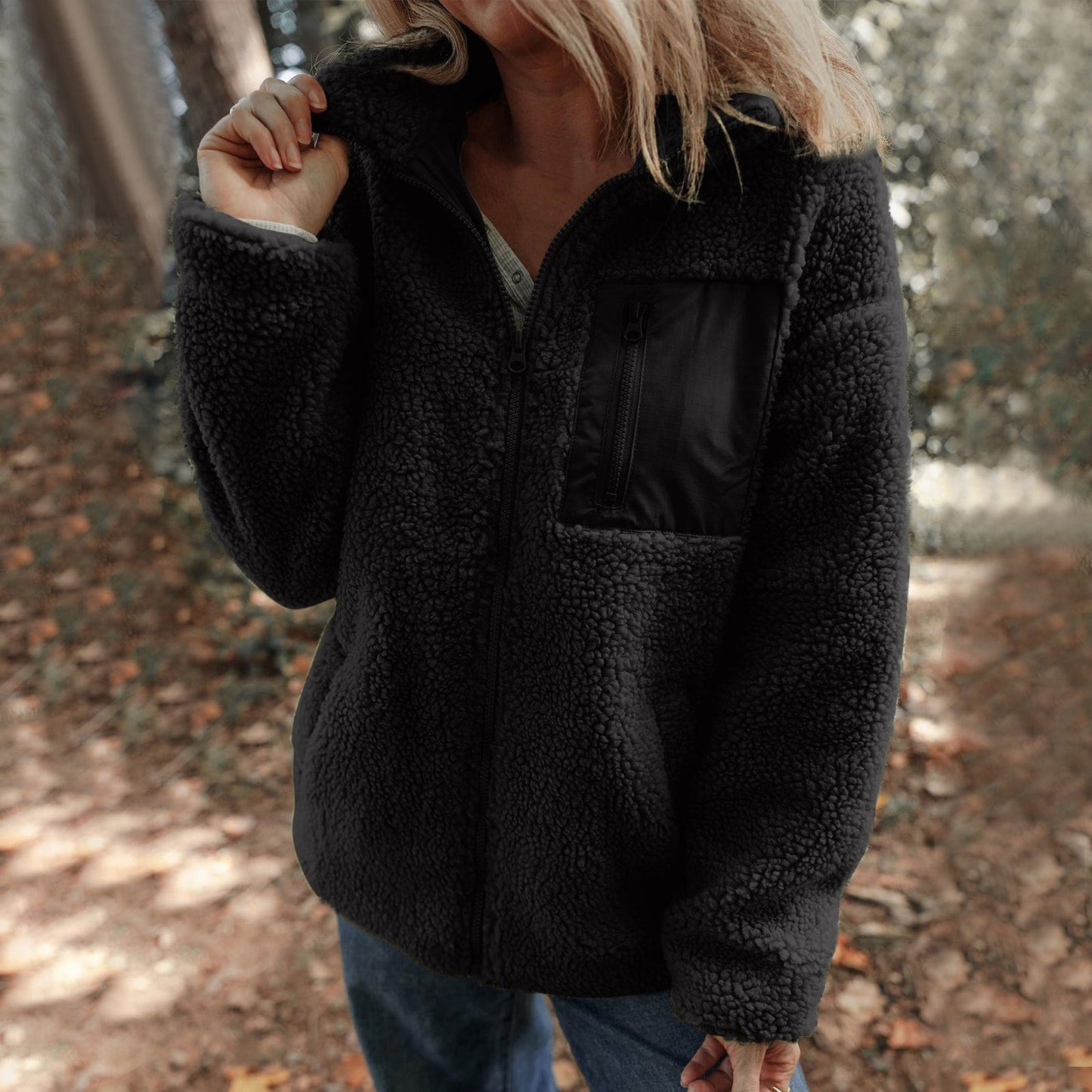 Women Fleece Jacket With High Collar Chest Pocket Streetwave Warm Cozy Everyday Wear