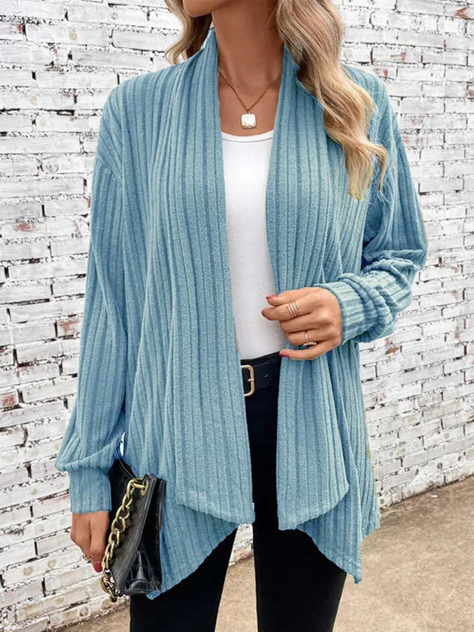 Ribbed Knit Cardigan Street-wave Womens Cozy Casual Comfort With Prominent Rib Design