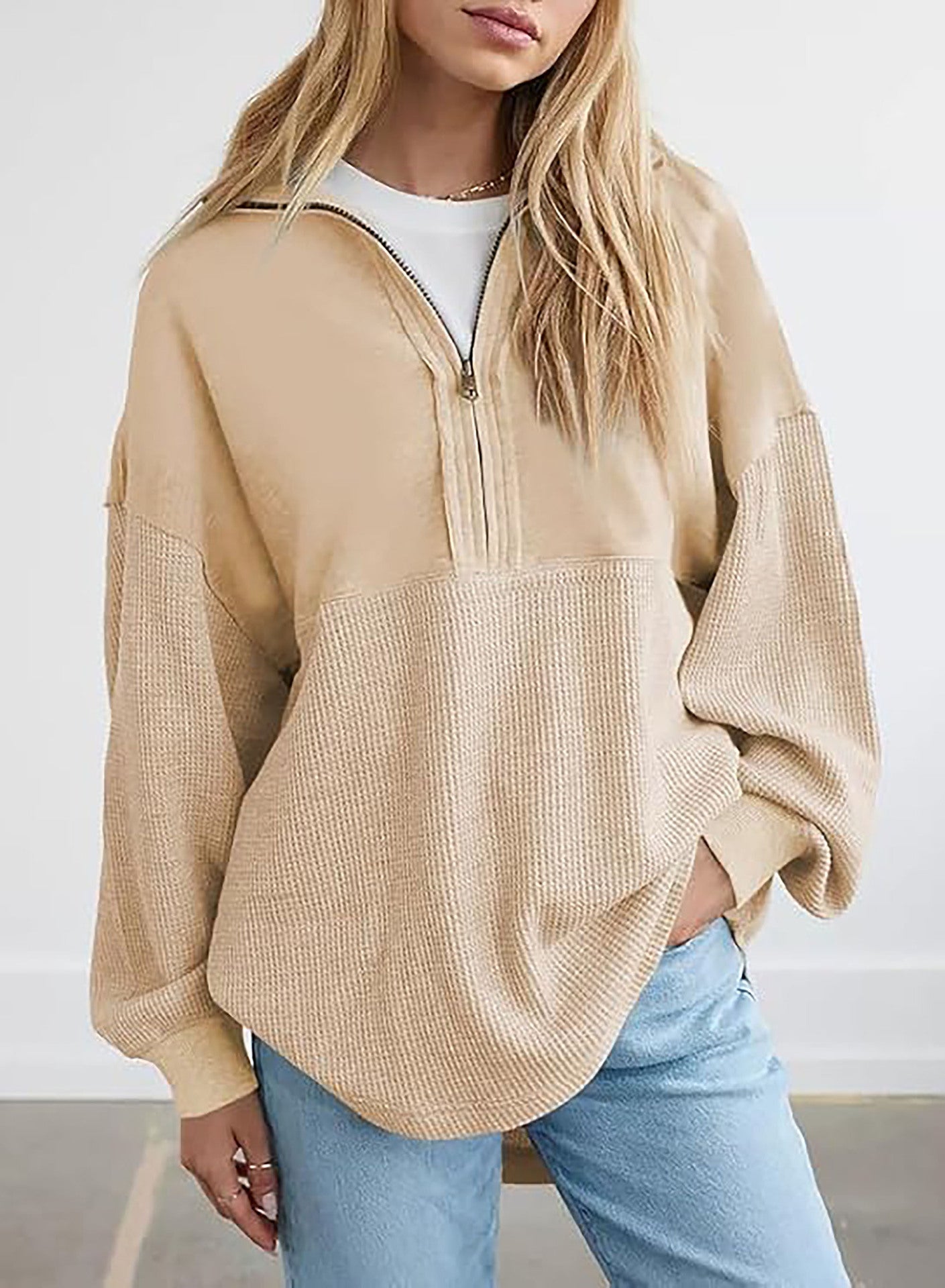 Street Wave Women's Textured Knit Half Zip Hoodie With Cozy Relaxed Fit For Casual Everyday Wear