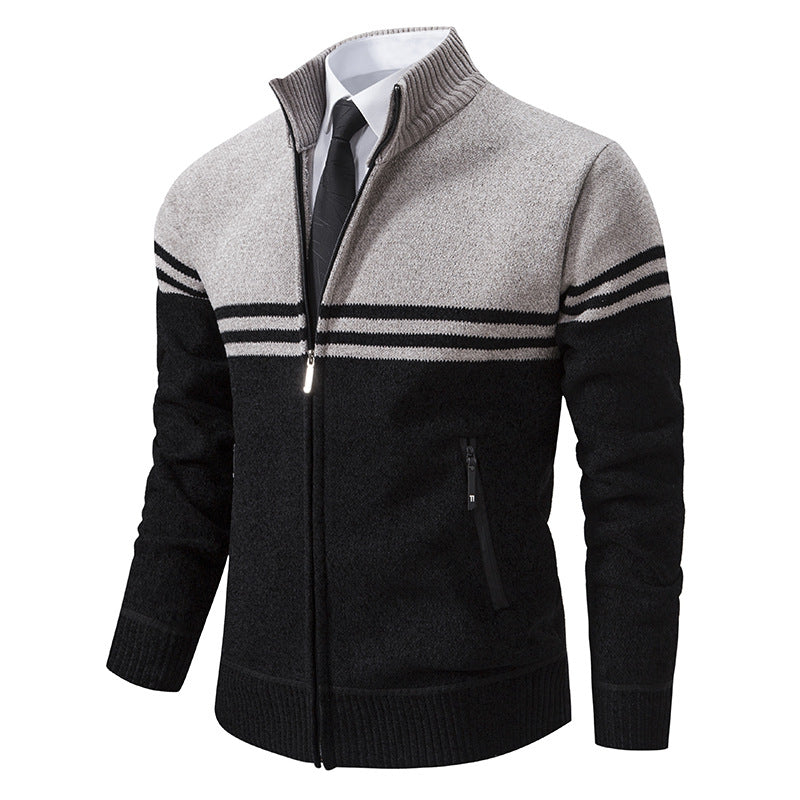 Street-wave Men's Zip Cardigan With Contrast Stripes Modern Knit Jacket For Everyday Office Wear