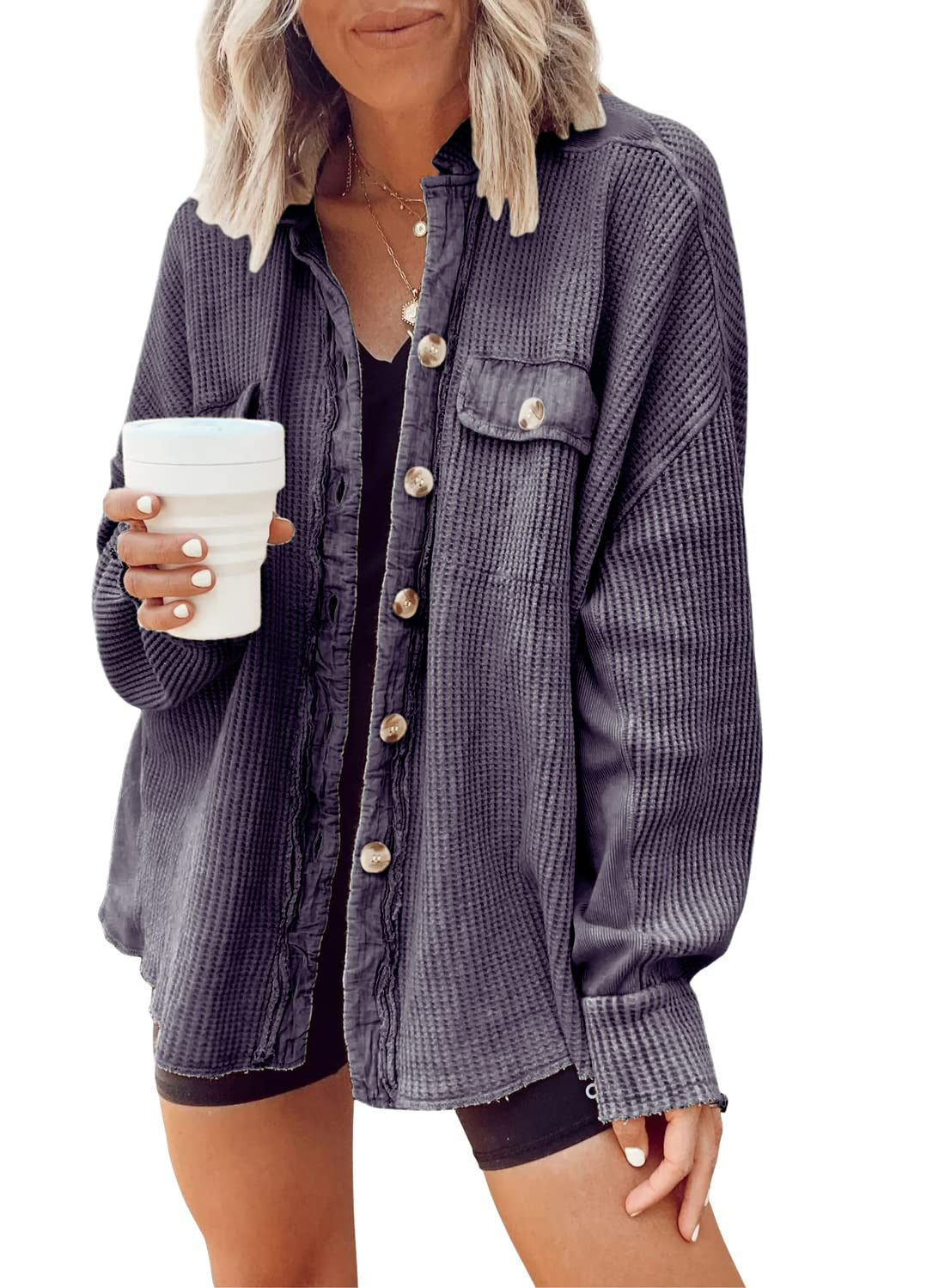 Streetwave Womens Oversized Waffle Knit Shirt Jacket Breathable Comfort Versatile Layering