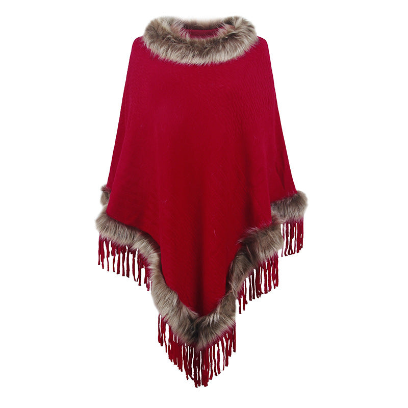 Street-Wave Women Poncho With Luxurious Faux Fur Collar And Dramatic Fringe Details