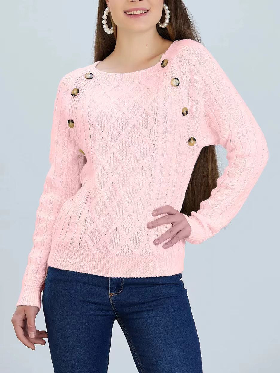 Street-Wave Women's Diamond Knit Pullover With Decorative Buttons Cozy Classic Sweater