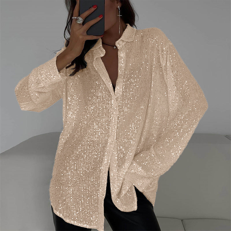 Street-Wave Glittery Oversized Blouse For Women With Shimmering Sequin Top And Relaxed Fit