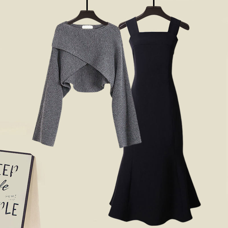 Street-Wave Women's Cross-Knit Sweater And Fishtail Dress Set Premium Warm Two-Piece Ensemble