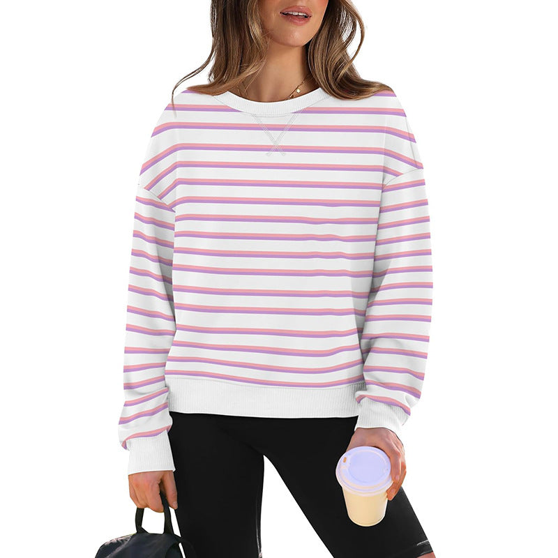 Street-Wave Women's Casual Striped Sweatshirt With Crew Neck, Soft Cotton Blend For Everyday Comfort