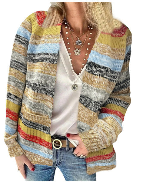 Street-wave Open Knit Cardigan For Women With Colorful Stripes Casual Fit Lightweight Versatile Spring Fall Essential